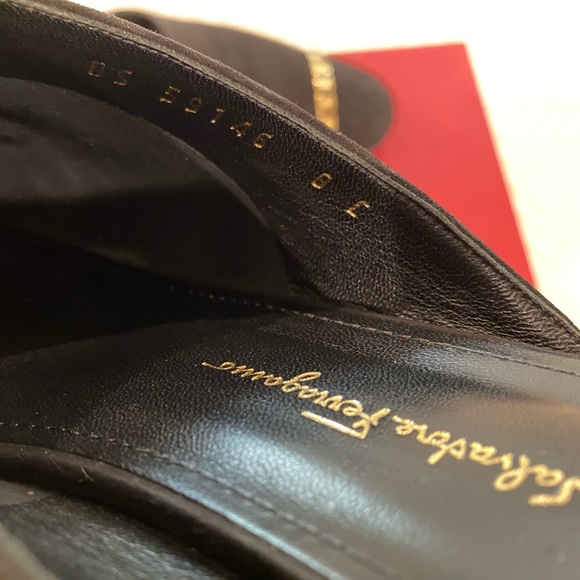 Salvatore Ferragamo Black Suede Muggia Slip-on Mules with Chain Logo Detail 8C - Picture 9 of 13